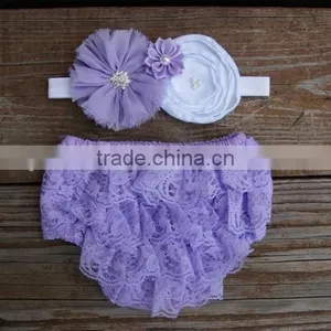 Hot Selling Baby Clothes Infant Lavender Ruffle Bloomer Wholesale Baby Girl Diaper Cover With Headband thumbnail-5