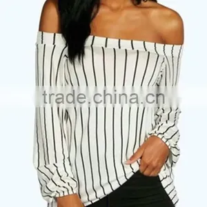Runwaylover EY2357B New Style 2017 Ladies Fashion Off-Shoulder Stripe Blouse thumbnail-1