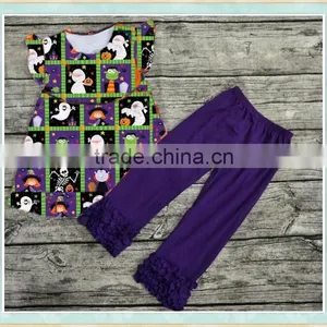Halloween Smocked Children Clothing Fluttersleeve Funny Cartoon Print Top and Pants Wholesale Children's Boutique Clothing Fall thumbnail-1