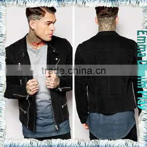 2015 New Man's Zipper Closure Full Sleeves Black Cotton Tight Fit Denim Jackets thumbnail-2
