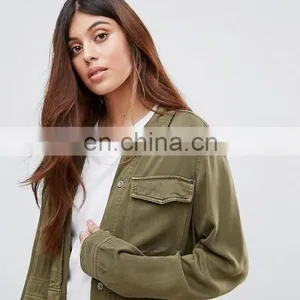 2016 Fashion Laper Collar Long Sleeve Women Army Green Front Button Jacket thumbnail-4