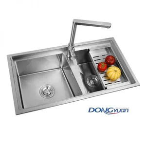 Guangdong Dongyuan Kitchenware 800×430×230mm Brushed Stainless Steel Double Bowl Handmade Kitchen Sink (DY-HA484L-8043-R10) thumbnail-1