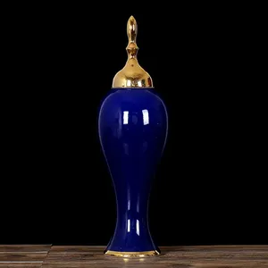 Modern Simple Jingdezhen Gild Large Blue Ceramic Plant Vase For Shopping Mall Decor thumbnail-3