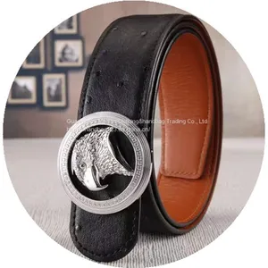 Eagle Head Belt Male Ostrich Grain Cowhide Leather Belt With Diamond Eagle Head Stainless Steel Buckle thumbnail-3