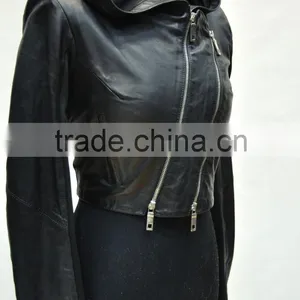 Lady Hooded Lamb Nappa Leather Jacket Oblique Zipper thumbnail-2