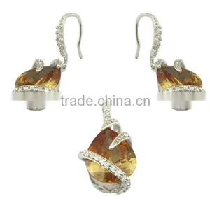 Lemon Quartz Main Stone Setting Sterling Sliver Jewelry Set Rhodium Plating thumbnail-1