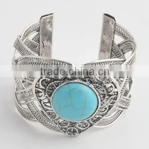 Large Turquoise Antique Silver Textured Wide Cuff Bangle thumbnail-4