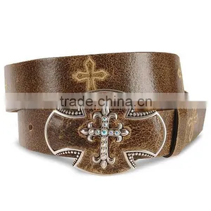 Western Crackled Brown Leather Belt Cross Stitch Distressed Leather Rhinestones Belt thumbnail-1