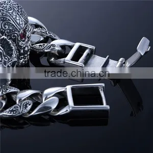 21CM Cool Skull Red CZ Stone Silver Bracelet For Men thumbnail-3