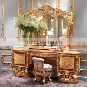 Antique Wooden Marquetry Dressing Table, Luxury Wood Carved Dresser With Mirror, Golden Furniture Queen Anne Bedroom Set thumbnail-2