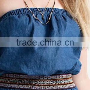 100% Cotton Solid Denim Woven Jumpsuit Elastic Waist Off Shoulder Plus Size Denim Jumpsuit Women thumbnail-5