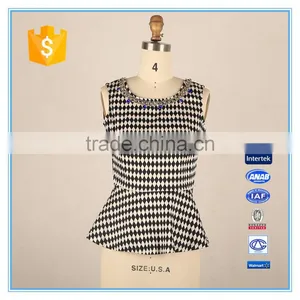 Elegant Ladies Modern Check Sleeveless Blouse Design With Jewel Neck Designs Flounce Hem thumbnail-1