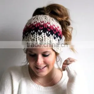 Fashion Women Knitted Ponytail Winter Bun Beanies Hat thumbnail-1