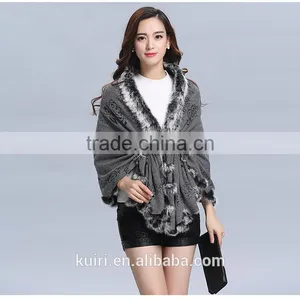 2016 New Design Woman Knitted Shawls With Rex Rabbit Fur Poms Figure Lady Cappa thumbnail-4