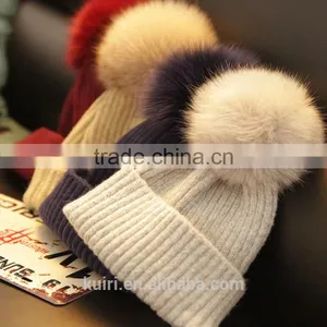 Parent-child Girl Women Genuine Dyeing Raccoon Fur Pompom Winter Hat Beanie Thick Knitted Cap With Fox Pom Ball Lady Children thumbnail-3