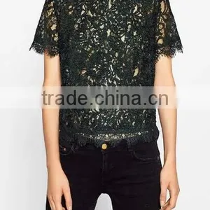 Runwaylover EY2368B Hot Sale 2017 Ladies Hollow Out Shrt Sleeve Lace T-Shirts thumbnail-5