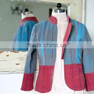 Vintage Kantha Jacket in Turquoise & Brick Red Color ~ Small thumbnail-1