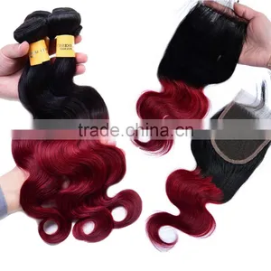7A Grade Ombre Wave Bundles With 4"X4" Lace Closure Virgin Indian Body Hair thumbnail-1