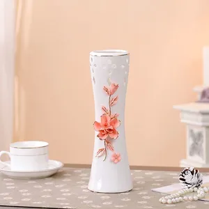 Chinese Fresh White Red Rose Hollow Out Gilded Hand Made Ceramic Vase For Wedding Gift thumbnail-3