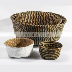 HBK Handmade Foldable Nature Plant Toys Kid Flower Seagrass Laundry Belly Basket With Handle thumbnail-4