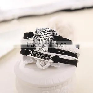 Hot Sale Fashion Alloy Vintage Peace Sign Owl Multi Strand Weave Leather Bracelet thumbnail-2