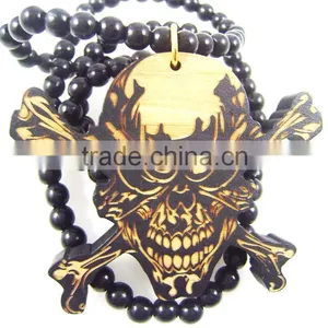 Men's Danger Skull Good Pendants Fashion Wood Hip Hop Rosary Chain Beads Necklaces thumbnail-1