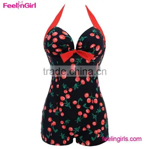 Girls Black and Red Cherry Print Retro High Waist Bikini thumbnail-1