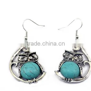 New Arrival Fashion Bohemia Owl Silver Plated Turquoise Pendant Alloy Earrings thumbnail-1