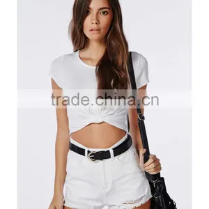 Plain Fashion Cap Sleeve Round Neck Knot Front Wihte Blouse thumbnail-5
