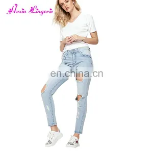Wholesale No Moq Summer Women Denim Light Blue Ripped Jeans thumbnail-3