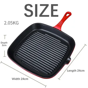 Enameled Cast Iron Steak Grill Pan - Square Skillet With Drip Spout, for All Cooktops, Perfect Grill Marks, Cardinal Red thumbnail-2