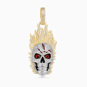 Shining Star Jewelry Enamel Eye Iced Out Micro Paved Skull On Fire Pendant thumbnail-3