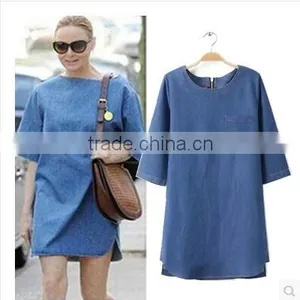 2015 New Arrival Latest Half Sleeve Denim Woman Dress Blue Denim Woman Dress thumbnail-1
