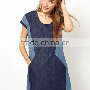 2015 Fashion High Quality Fashion Girls Short Sleeve Loose Denim Dress With Contrast Color thumbnail-1