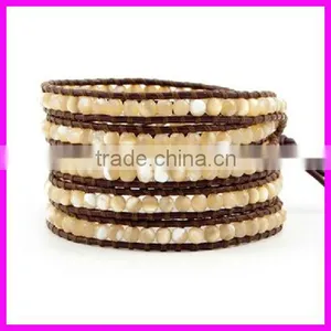 KJL-BL8050 Natural Round White Coral Wrap Bracelet Gemstone Leather Wrap Bangles thumbnail-1