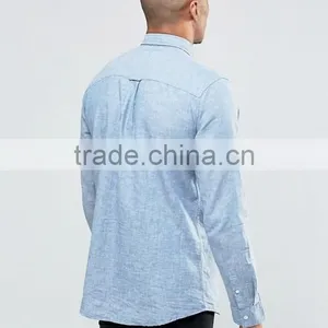 Guangzhou Custom Pre-Shrunk Long Sleeve Spread Collar 55% Linen 45% Cotton Regular Fit Casual Blue Solid Mens Shirts thumbnail-2