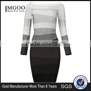 MGOO Wholesale Custom Made OEM/ODM Women Bandage Dress Long Sleeves Spandex Thick Stripe Knee Length Vestidos H234 thumbnail-5