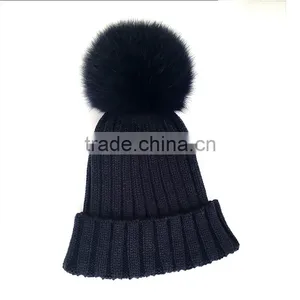 Myfur Navy Color Adult Wholesale Knit Hat With Dyed Fox Fur Ball thumbnail-5
