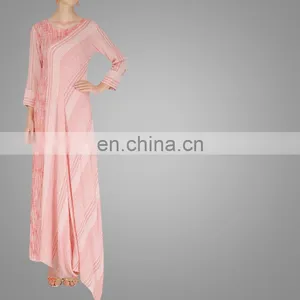 Modern Pink And White Textured Long Dress Fashion Long Sleeves Maxi Dress For Ladies thumbnail-2