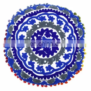 Round Cushion Cover Indian Suzani Pillow Cases Hand Embroidered Decorative thumbnail-1