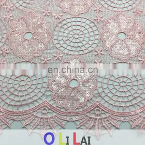 OLF0182 High Quality Pink Flower Design With 3d Sequins Lace Fabric thumbnail-1