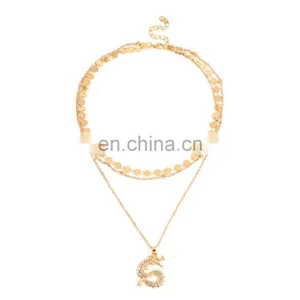 Vintage Chinese Style Zodiac, Animal Purple Crystal Rhinestone Dragon Snake Rose Coin Pendant Multilayer Necklace Earring/ thumbnail-1