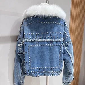 Short Denim Down Jacket, Women's Detachable Inner Liner, Parka Jacket, Oversized Real Fur Collar, Rivet Jacket thumbnail-2