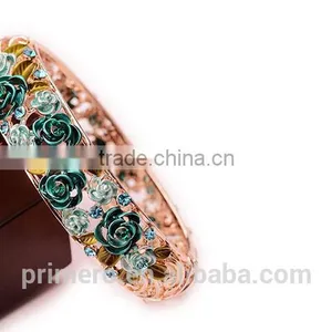 Rhinestone Embed Hollow Leaves Blessing Flowers Rose Golden Bracelets Bangles Women thumbnail-6