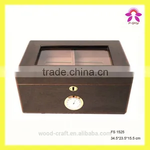 Noble Exquisite Wooden Luxury Fabric Cigar Humidor Gift Boxes With Glass Lid Cabinet Hygroscope Storage Glasstop Tobacco Box thumbnail-1