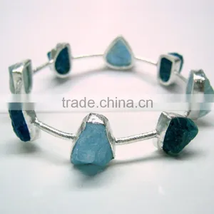 Aquamarine & Neon Apatite Multi Stone Rough Matt Bangle, 925 Solid Sterling Silver Bangle, Designer Natural Gemstone Raw Bangle thumbnail-3