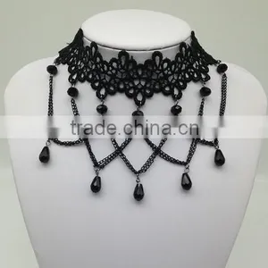 Women Gothic Black Beads Drop Lace Choker Collar Retro Chain Tassel Necklace thumbnail-5