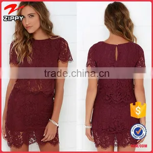 2016 Women Casual Burgundy Lace Dress Two Piece Set Dresses thumbnail-1