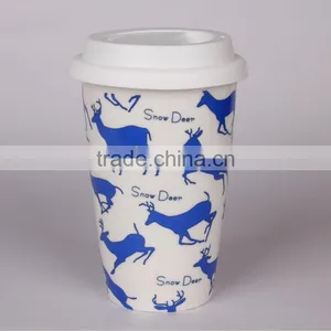 Blue-and-white Ceramic Travel Coffee Mug With Silicon Lid thumbnail-1