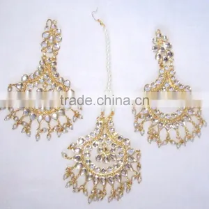 JADAU KUNDAN GOLD PLATED Dangler EARRINGS TIKA SET Real Look thumbnail-1